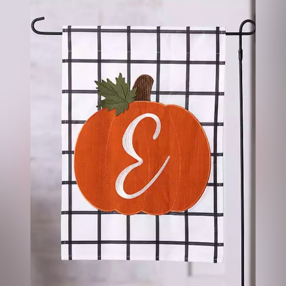 Black White Check Monogram “E” Fall Autumn Pumpkin Outdoor Flag & Stand 12 x 18